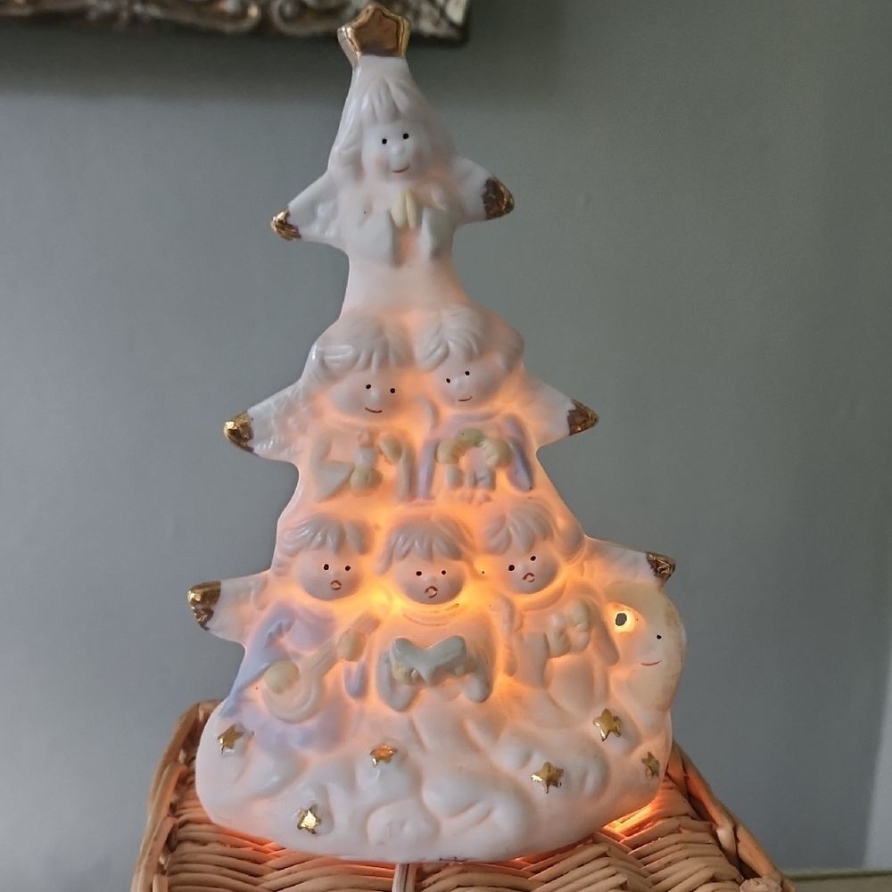 Vintage Giftco Christmas Tree Angel Choir Light Up Display Bisque Porcelain